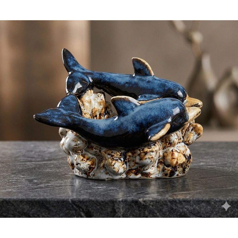 Dolphin On A Wave Ceramic Drip Glaze Vintage Ocean sea life Nautical Pottery Art